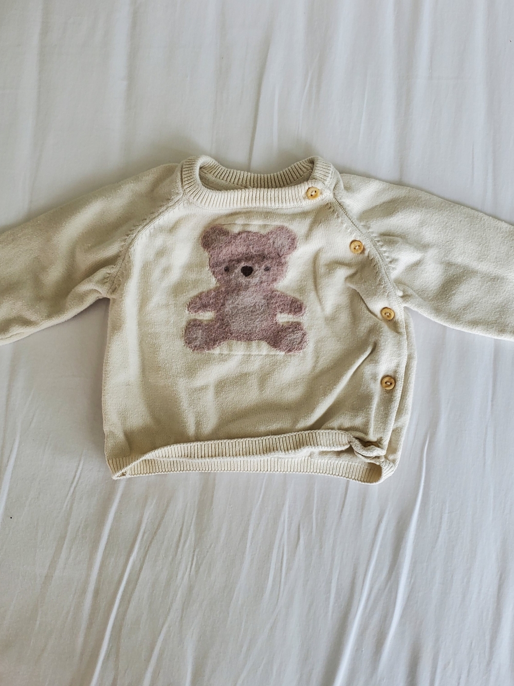 Organic Cotton Cream Baby Sweater with Pink Teddy Graphic